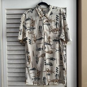 O'Neill White/Tan/Blue Casual Button Down Shirt Ahi Tuna Fishing